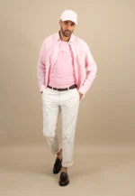 λινό πουκάμισο με γιακά με κουμπιά-ροζ