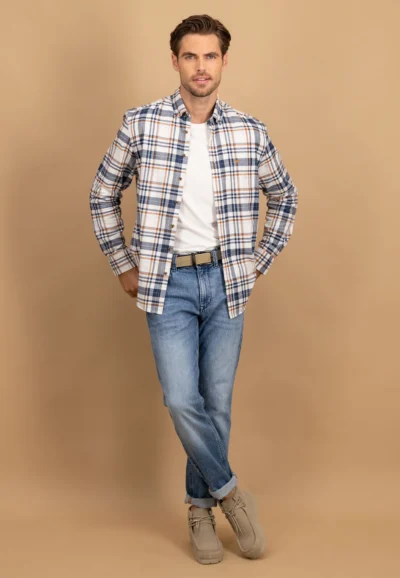 Καρό βαμβακερό πουκάμισο με γιακά με κουμπιά-μπλε-ασπρο-καφε
