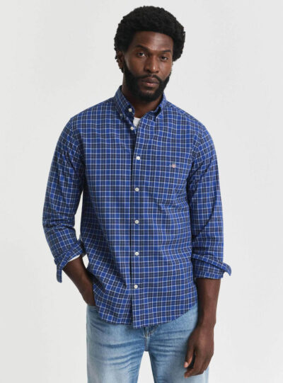 Μακρυμάνικo Βαμβακερό Πουκάμισο σε Κανονική Γραμμή Καρό Blue