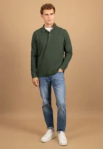 Μακρυμάνικο βαμβακερό πόλο μπλουζάκι-σκουρο πρασινο