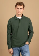 Μακρυμάνικο βαμβακερό πόλο μπλουζάκι-σκουρο πρασινο