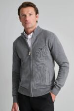 NAVY AND GREEN ΠΛΕΚΤΗ ΒΑΜΒΑΚΕΡΗ ΖΑΚΕΤΑ ΜΕ ΦΕΡΜΟΥΑΡ-ΓΚΡΙ