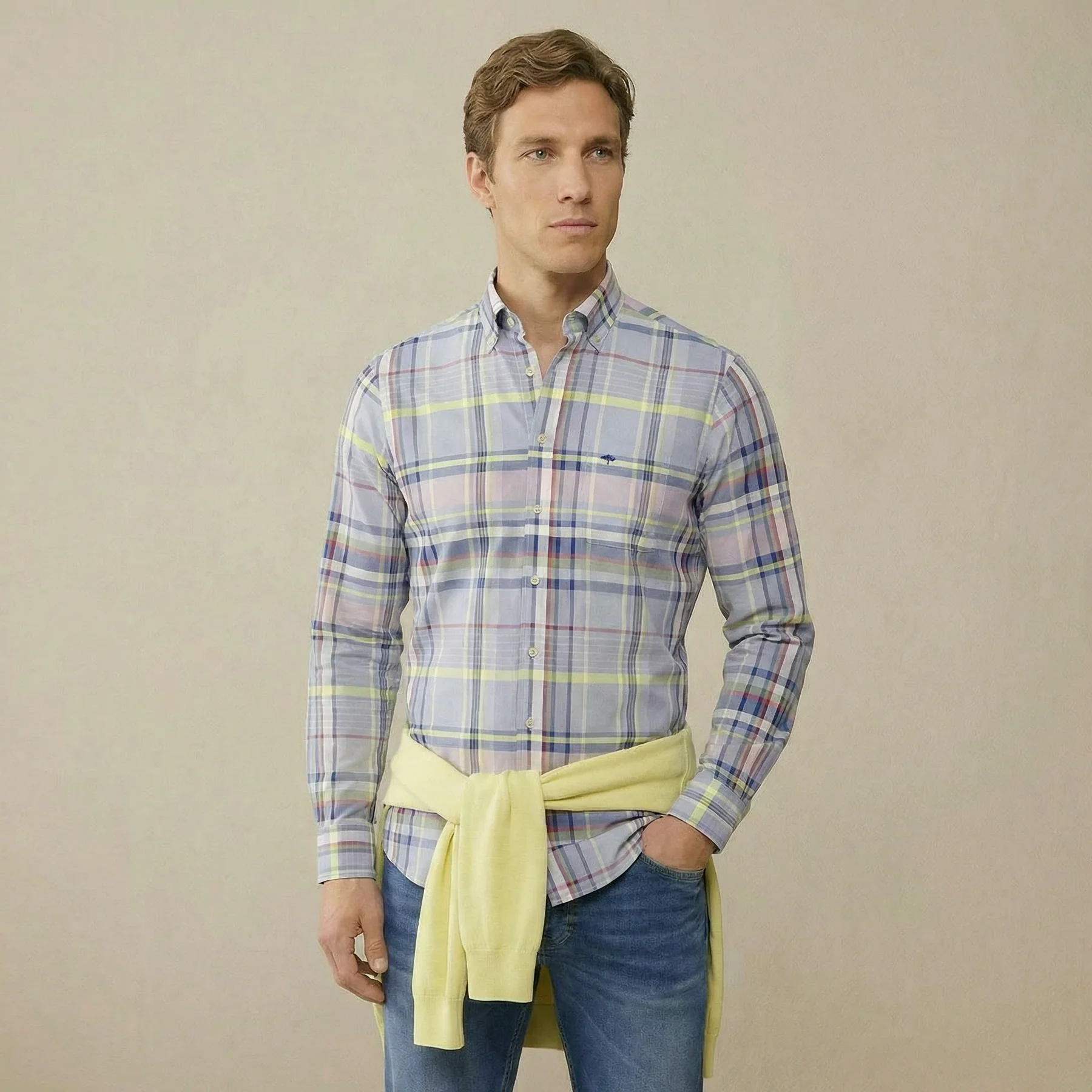 Πουκάμισο Oxford με γιακά με κουμπιά και μακριά μανίκια-μπλε Πουκάμισο Oxford με γιακά με κουμπιά και μακριά μανίκια-μπλε