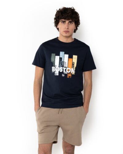 ΜΠΛΟΥΖΑ BOSTON PRINT REGULAR FIT-ΜΠΛΕ ΣΚΟΥΡΟ