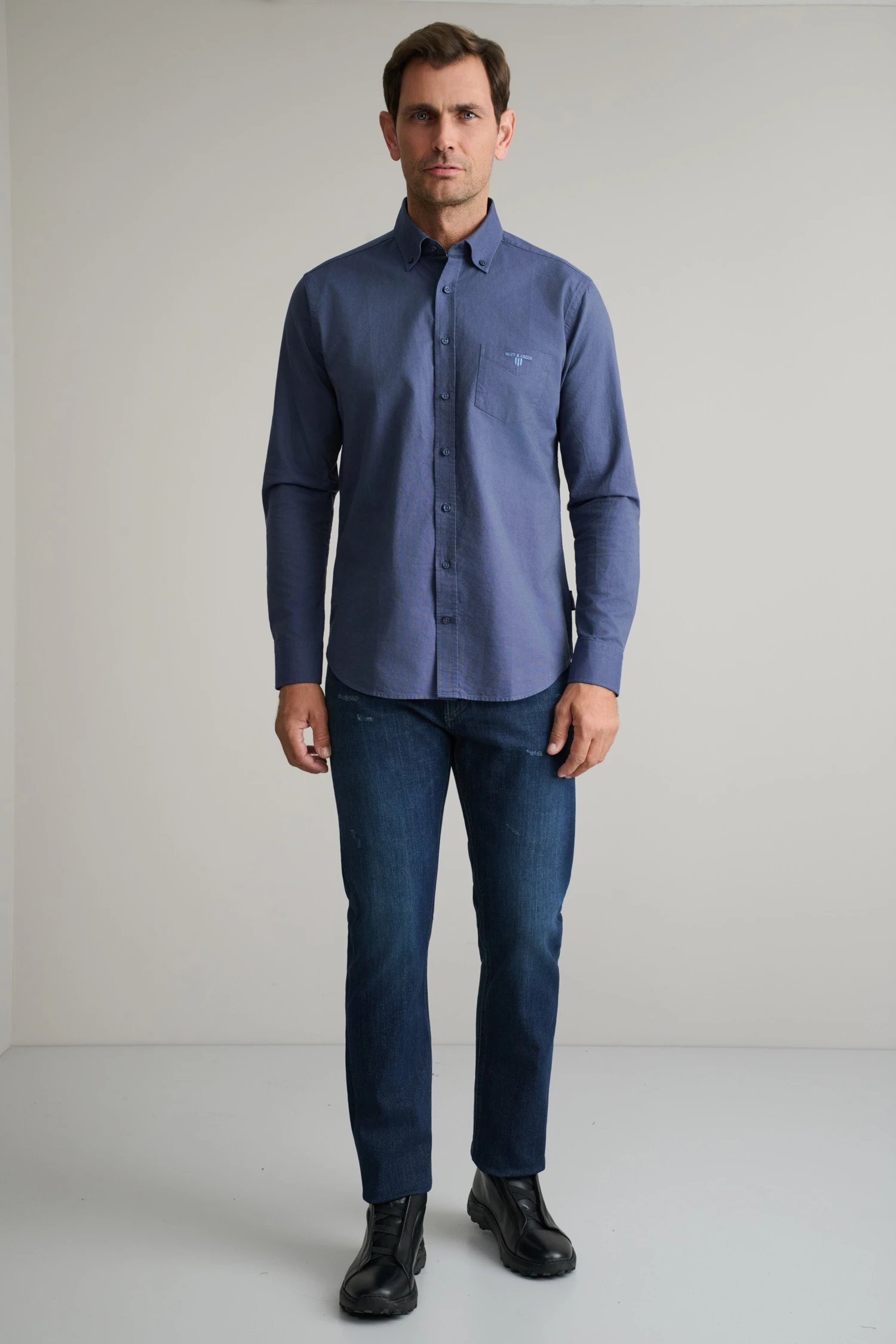 Oxford βαμβακερό button-down πουκάμισο-μπλε