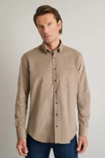 Κοτλέ βαμβακερό button-down πουκάμισο-μπεζ-καφε