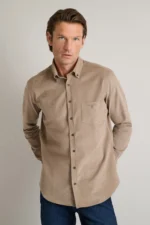 Κοτλέ βαμβακερό button-down πουκάμισο-μπεζ-καφε