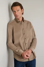Κοτλέ βαμβακερό button-down πουκάμισο-μπεζ-καφε